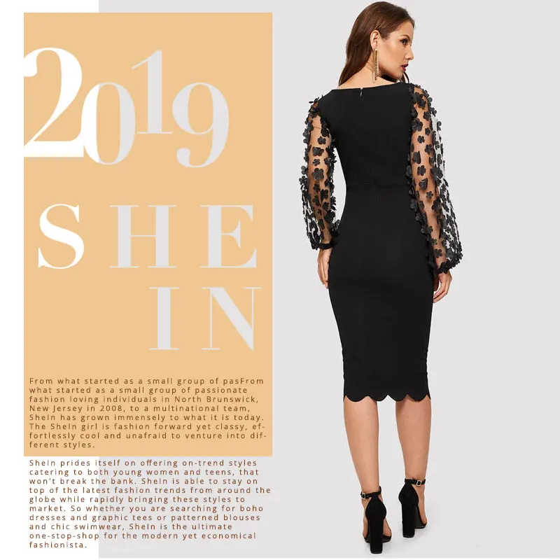 SHEIN Платье С Сетчатым Рукавом И 3D Аппликацией Элегантные Женские Летние Платья С Длинным Рукавом