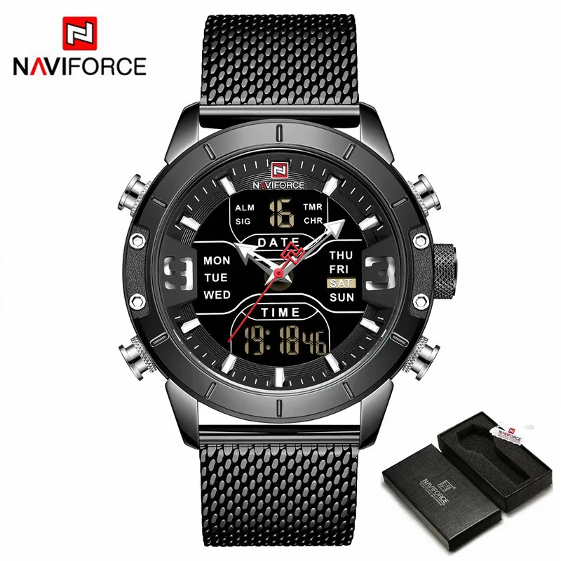 NAVIFORCE Топ Бренд роскошные часы для мужчин модные спортивные кварцевые часы для мужчин полный сталь Водонепроницаемый светодиодный цифровые часы Relogio Masculino - Цвет: Black -Box