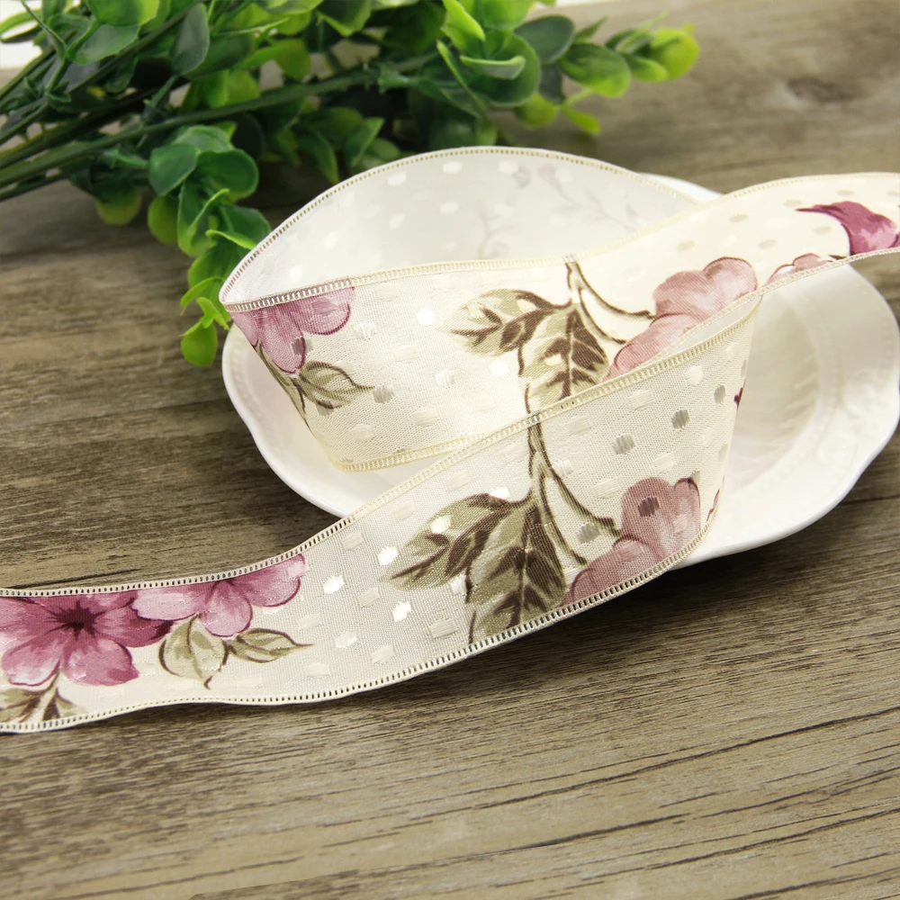 New 40mm 25Yard Flower Linen Ribbon Packing Material DIY Bow Craft Decor Wedding Party Decor Gift Wrapping,25Yc2494