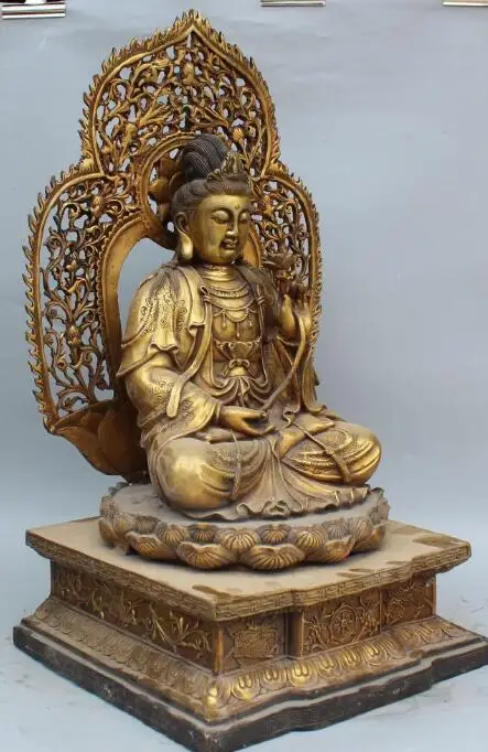 S5357 23&quot Marked Chinese Bronze Gilt Seat Lotus Kwan-yin Bodhisattva Goddess Statue |