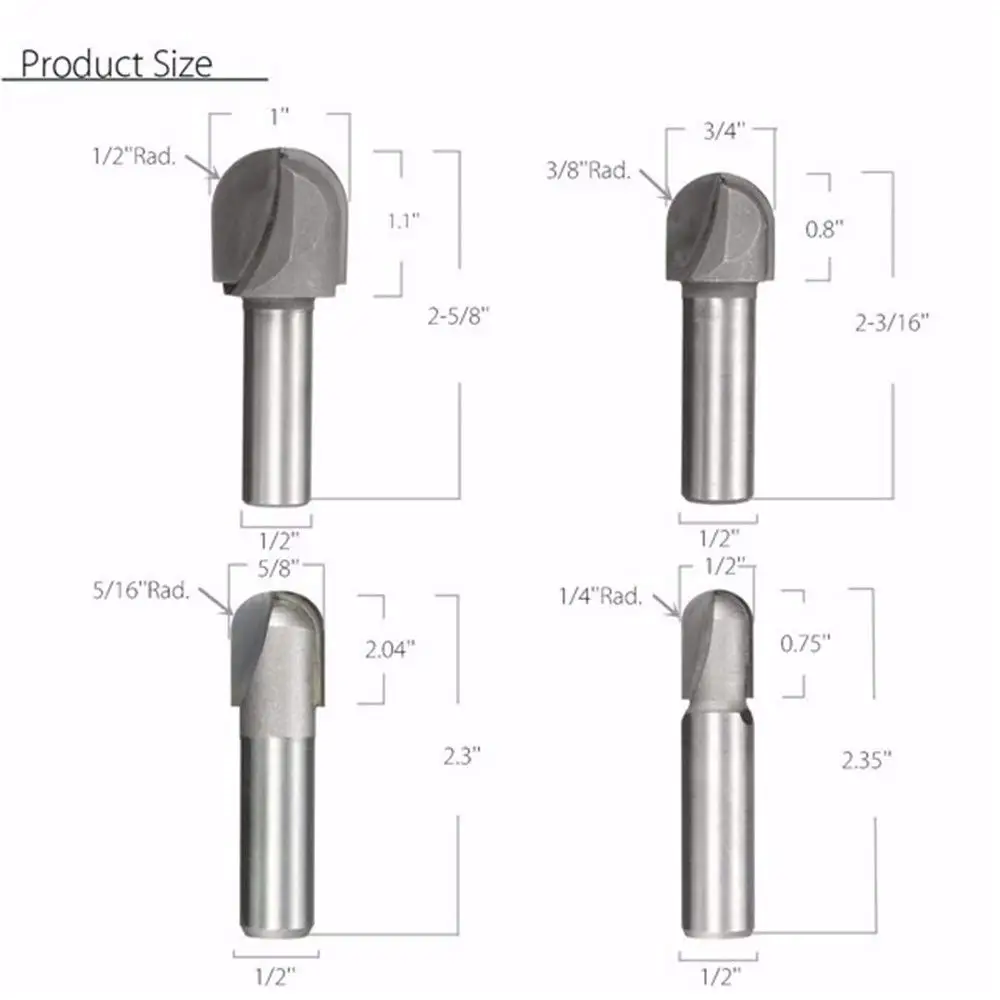 1/2 &quot3/8&quot 5/16 &quot1/4&quot хвостовик ядро коробка мяч круглый нос фрезы 1 дюймов диаметр