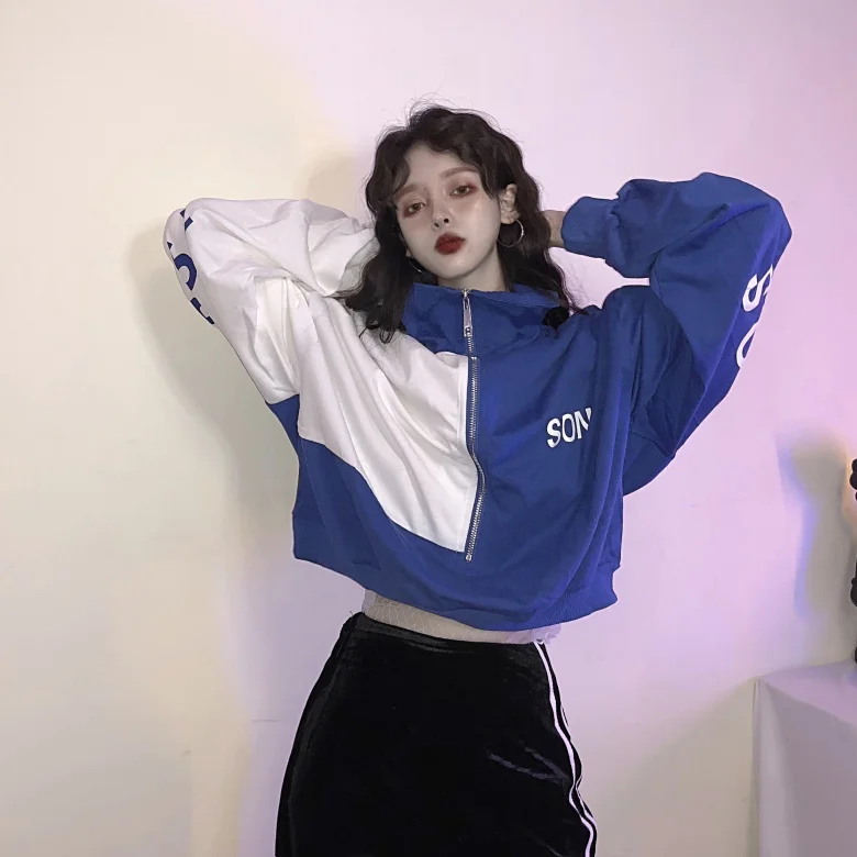 Новая Корейская женская одежда ulzzang, хипстер Харадзюку, свободные пальто с надписями и панельным принтом, толстовка с высоким воротником на молнии