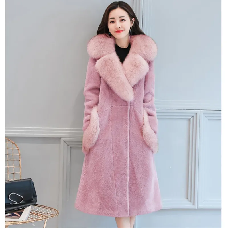 Pink Uhytgf Большие размеры куртка Женская Зимнее пальто с искусственным мехом женские лисий мех воротник ветровка, длинное пальто стрижки овец теплые пальто с мехом 4XL91 - Цвет: Pink
