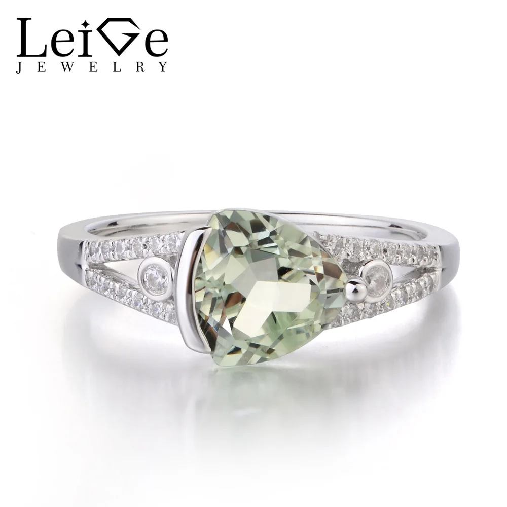 

Leige Jewelry Genuine Green Amethyst Solid 925 Sterling Silver Ring Gemstone Trillion Cut Promise Anniversary Rings Gift for Her