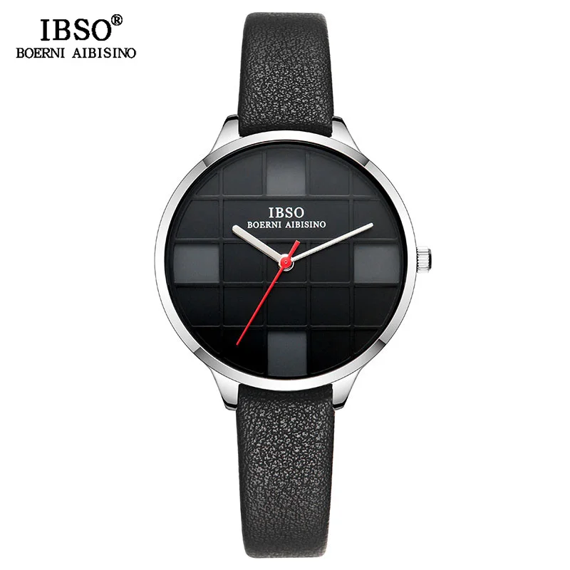 Black Silver IBSO, женские кварцевые часы, дизайн, клетчатый ремешок из натуральной кожи, женские кварцевые часы, женские водонепроницаемые часы, Montre Femme - Цвет: Black Silver
