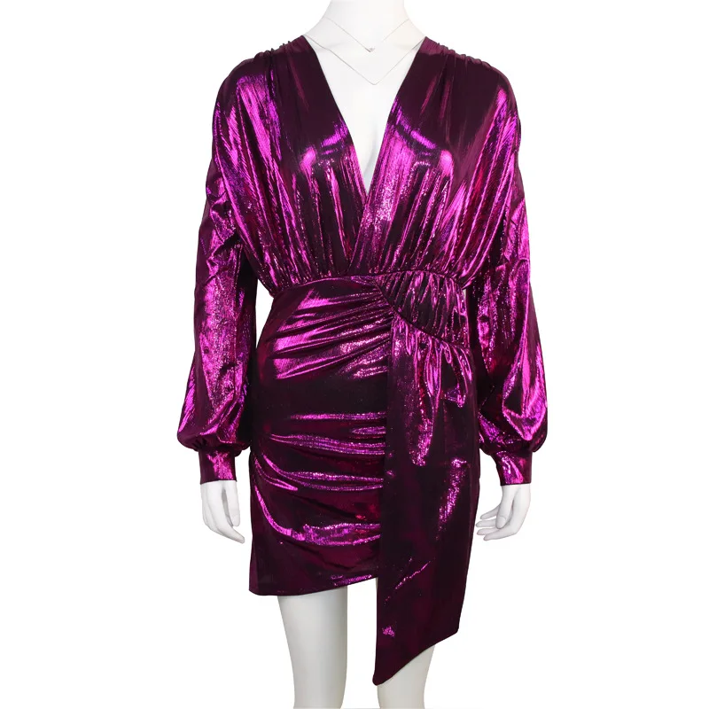 Женское блестящее платье с глубоким v образным вырезом винтажное Короткое мини