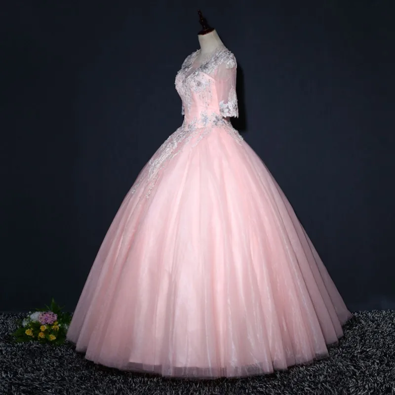 Розовый Новые розовые платья Quinceanera мяч халат с рукавами до локтя Сладкий 16 платья светится в течение 15 лет Дешевые Длинные платье для выпускного вечера и фуршетов великолепные - Цвет: Розовый