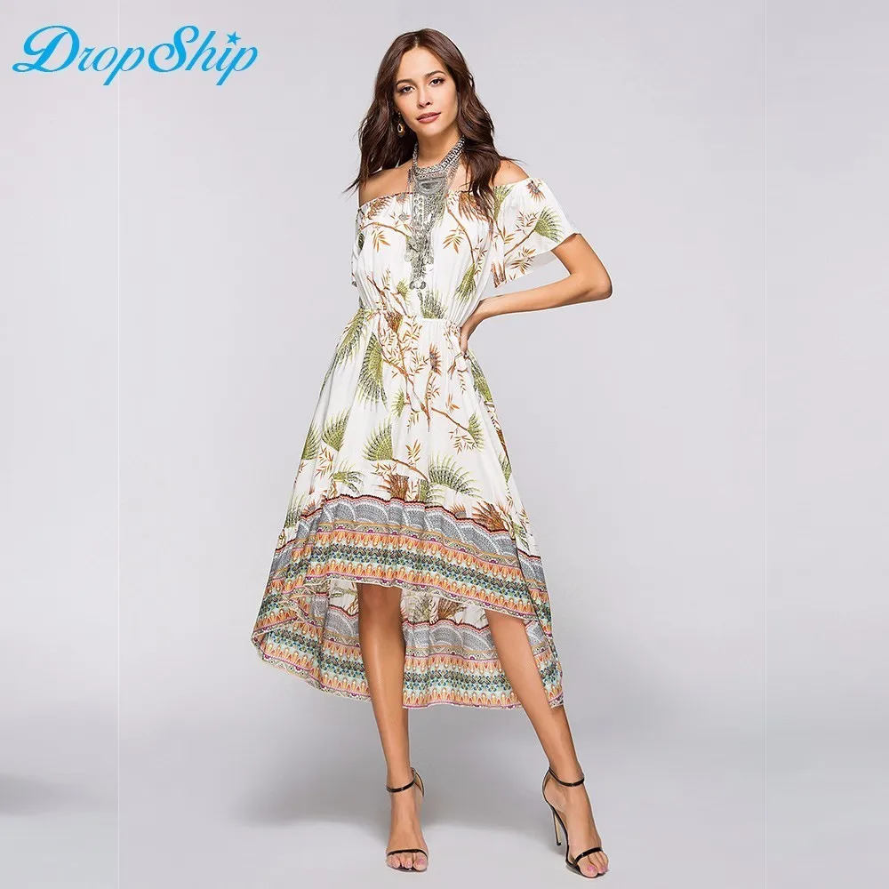 Женские летние длинные Пляжные наряды Boho дамы Новый стиль Мода Многоцветный Slash