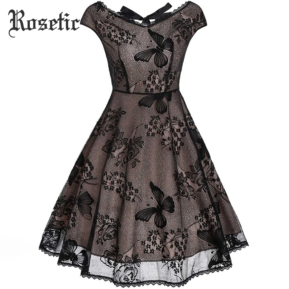 Rosetic, черное готическое платье, винтажное, кружевное, для женщин, плюс размер, 4XL, Бабочка, шикарное, элегантное, Ретро стиль, Цветочная вышивка, готическое платье