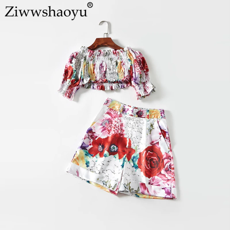 Ziwwshaoyu сексуальное пальто с вырезом лодочкой и пышными рукавами+ шорты в стиле ампир костюм из двух частей Элегантный комплект с принтом Весна и лето новые женские
