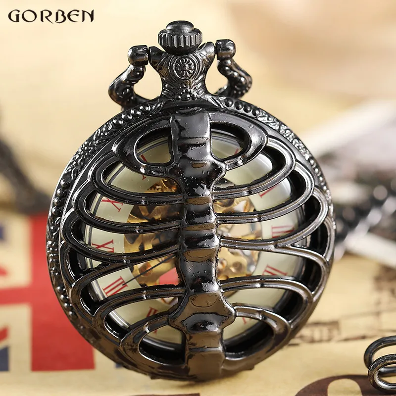 

Vintage Black Spine Ribs Style Mechanical Pocket Watch Men Hollow Steampunk Skeleton Clock Roman Pocket Watch With Fob Chain Men