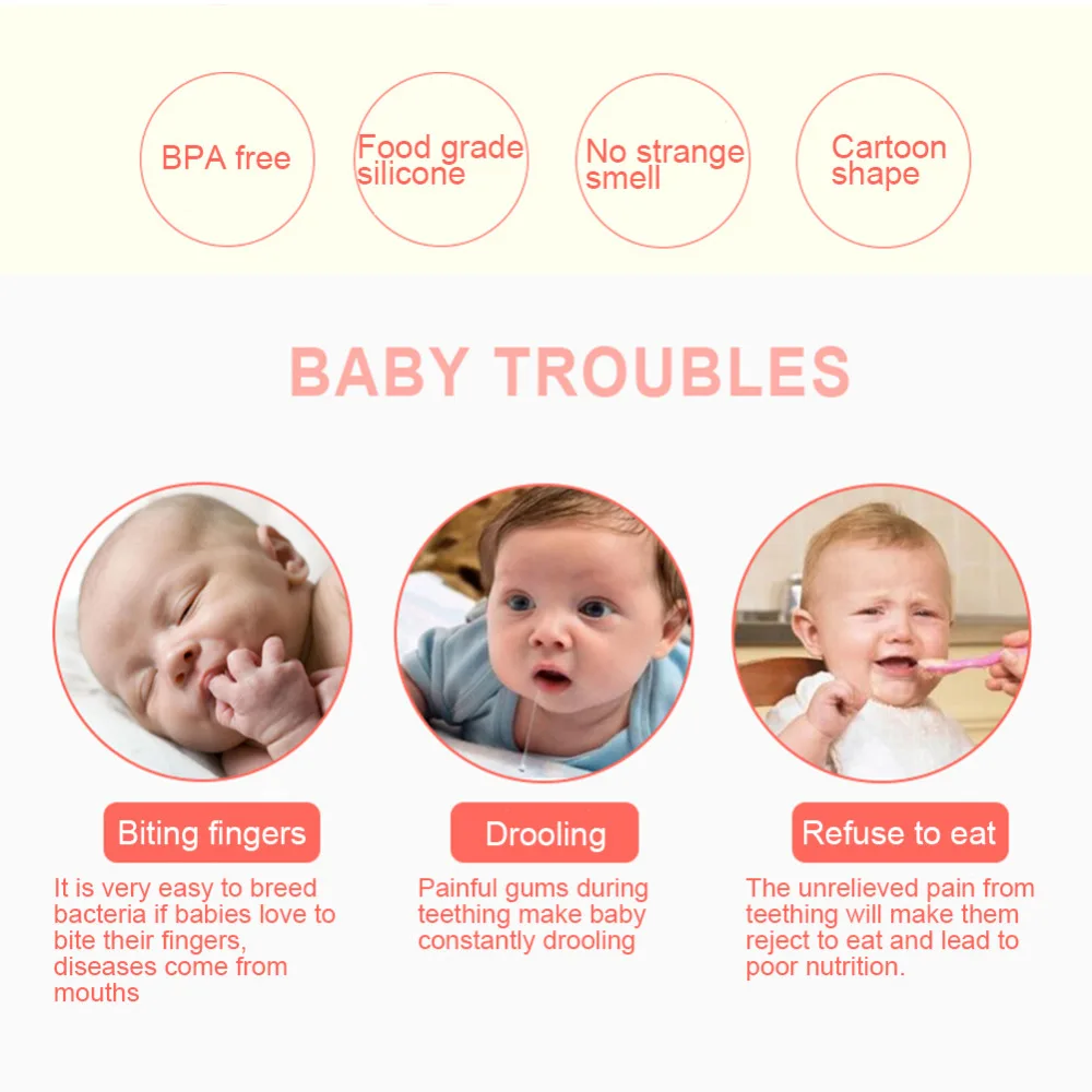 FEBUD Baby Teethers Cartoon Safety Comfort Pacified Teething Teether Chewable Newborn Silicone Solid Dental Care | Мать и ребенок