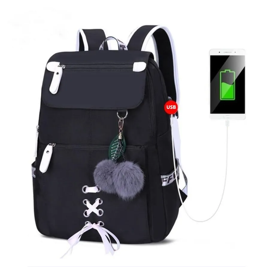 Full Black Женский рюкзак, модные USB школьные сумки для девочек, женские школьные рюкзаки, Большой Вместительный рюкзак, детский школьный рюкзак, водонепроницаемая школьная сумка - Цвет: Full Black