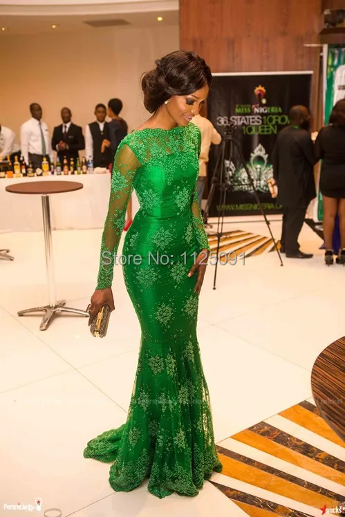 Быстрая, новое платье Miss Nigeria с красной ковровой дорожкой, с длинными рукавами, с высоким воротом, Русалка, зеленое кружевное платье знаменитостей, официальное вечернее платье