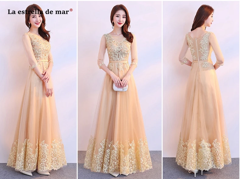 Vestido madrinha Черпак тюль бисером Половина рукава линия золото briddsmaid платья Длинные Дешевые gaun pesta dewas robe demoiseur h