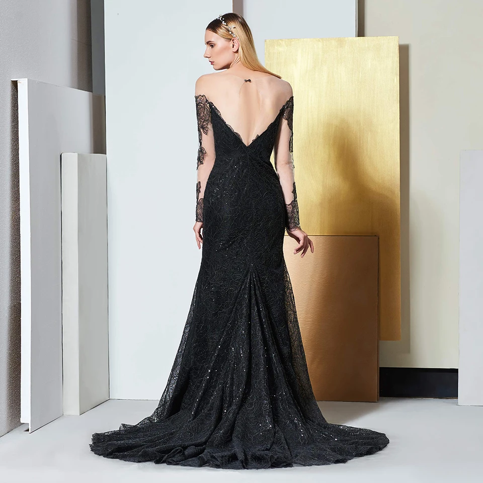 Женское вечернее платье в пол Dressv черное элегантное кружевное с длинными
