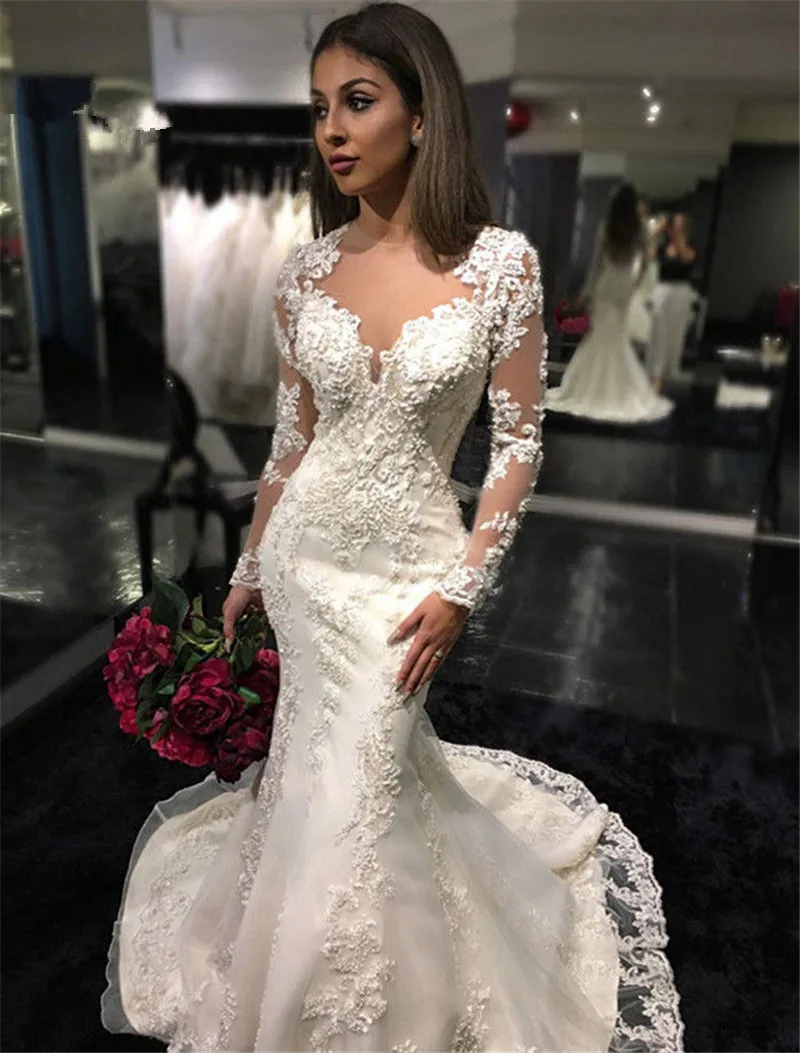 

Кружевное свадебное платье Vestido De Noiva 2019, женское свадебное платье с рукавами с аппликацией в стиле Саудовской Аравии, свадебные платья