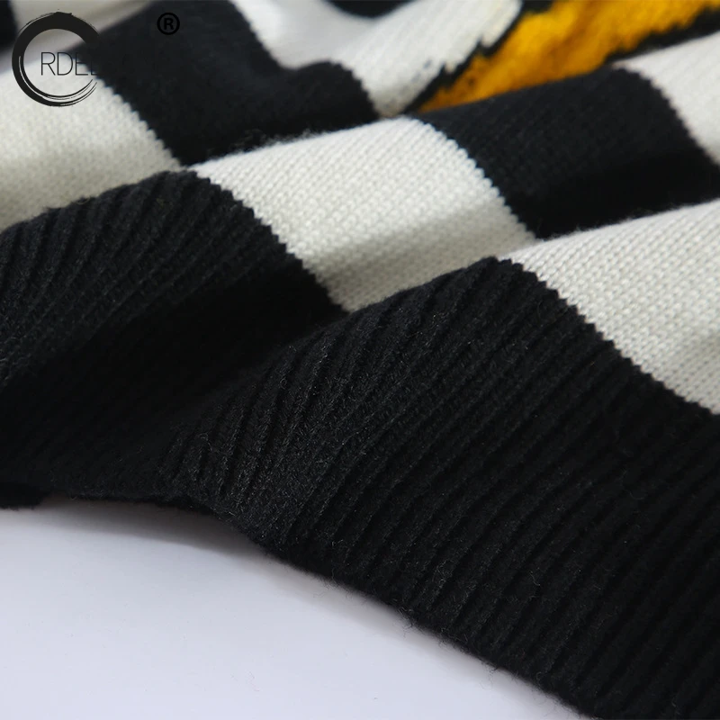 ORDEESON Stripe Parrot Embroidery Long Oversized Sweater Women Sweaters and Pullovers Jumper winter round neck Knitted | Женская одежда
