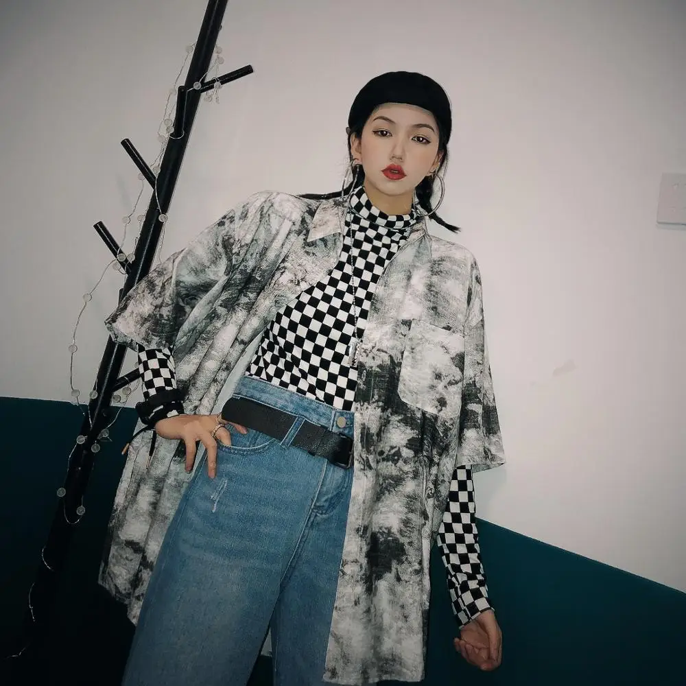 Jasmine summer thin black and white plaid take a T-shirts female hip-hop Hong Kong long-sleeved T-shirt tees | Женская одежда