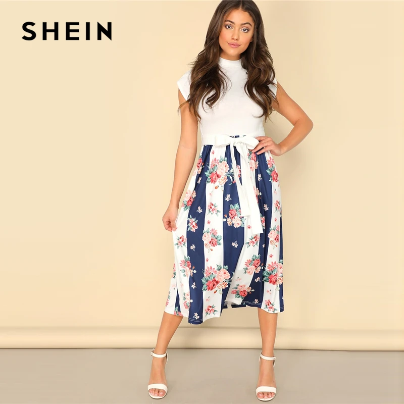 SHEIN Контрастное Цветочное Платье С Узлом И Стоячим Воротником Женское Летнее Многоцветное Повседневное Платье С Поясом
