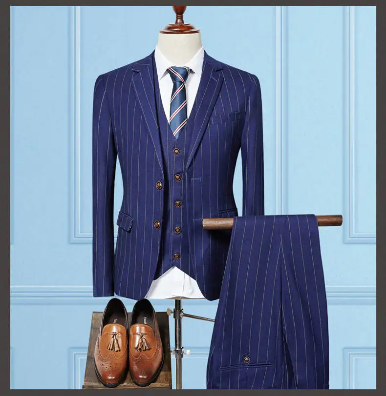 blue 3 pieces На заказ, мужской костюм в полоску со штанами для свадьбы, индивидуальная одежда для конюха, мужской костюм, приталенные костюмы из 3 предметов - Цвет: blue 3 pieces