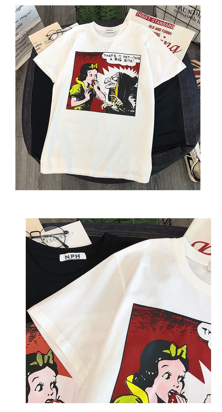 Harajuku/футболка с мультипликационным принтом, подходит ко всему, модная летняя футболка с коротким рукавом, женские милые студенческие черно-белые футболки