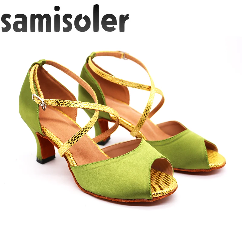 Samisoler Green New Cloth Collocation Shine Ribbons Ballroom Fashion Dance Women Latin Dance Competition Shoes