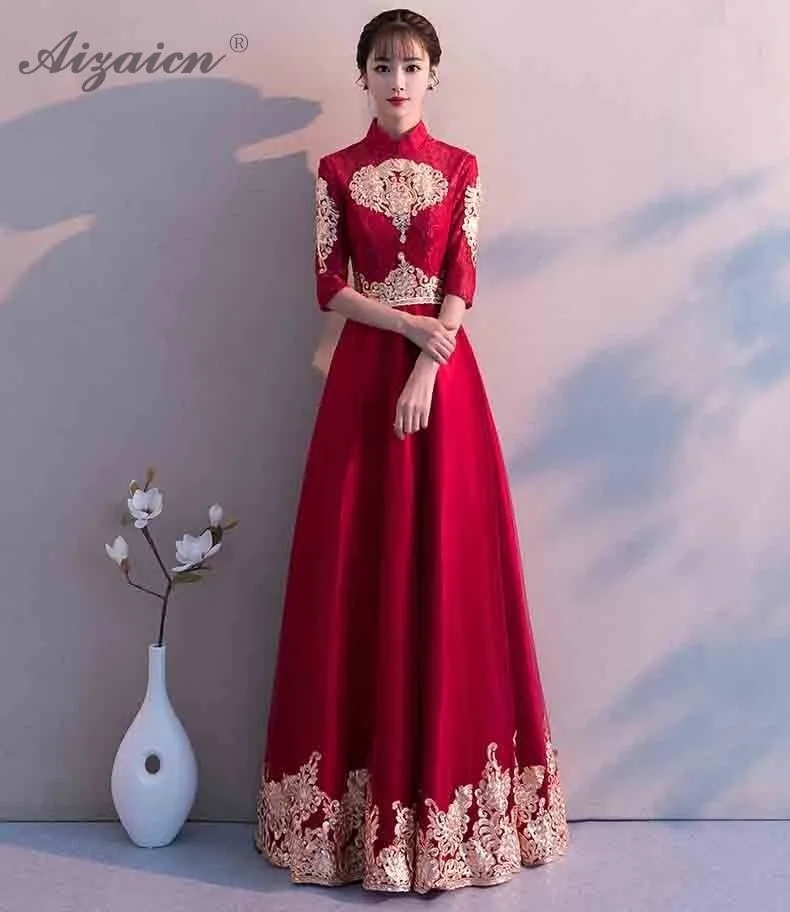 Chinoise Вечерние платья Длинные Qipao Свадебные невесты вышивка красный Традиционный ченсам китайское платье одежда Вечерние платья