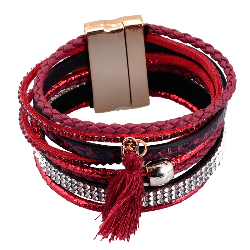 

Newest leather crystal with tassel magnetic bracelets for women gifts christmas gifts B1900