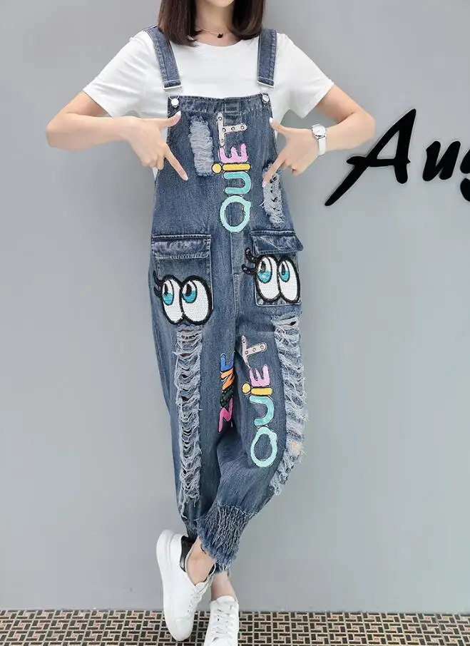 2018 Harajuku Street style women Denim Jeans Cartoon Sequined jean Jumpsuits Colored Letters and Ripped Hole Women Jean s1807 | Женская