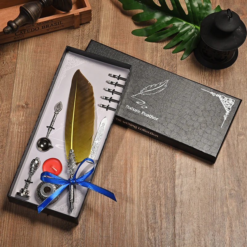 

Antique Dip ink Pen European Vintage Feather Pen Fountain Pen Metal Nib Gift Box Set Office Supplies Signature Pen for Student