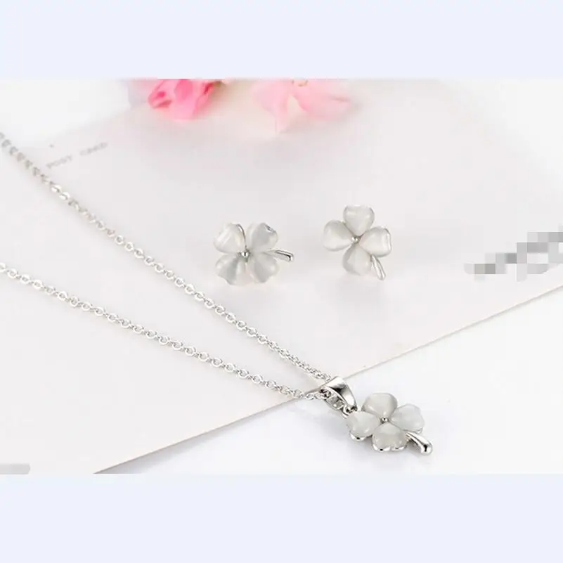 Quality real cat eye opal stone 4 Leaf Leaves clover necklace earrings charms women party girl fashion jewelry set | Украшения и
