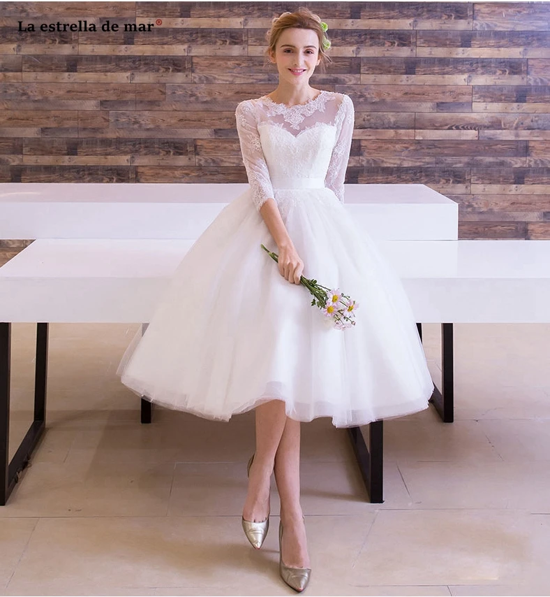 Vestido de novia популярное кружевное Тюлевое ТРАПЕЦИЕВИДНОЕ свадебное платье цвета слоновой кости длиной до середины икры suknia slubna по низкой цене