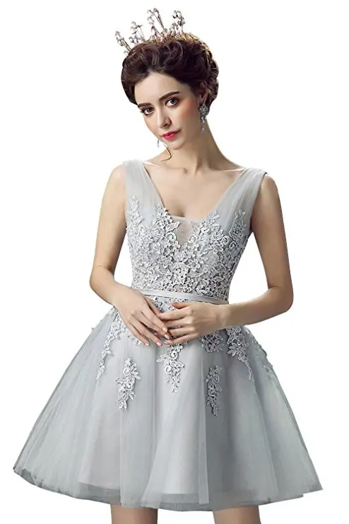 Vestido de festa длинное короткое вечернее платье, длинное Тюлевое кружевное вечернее платье с открытой спиной, вечернее платье, платья для выпускного вечера, robe de soiree - Цвет: Gray short