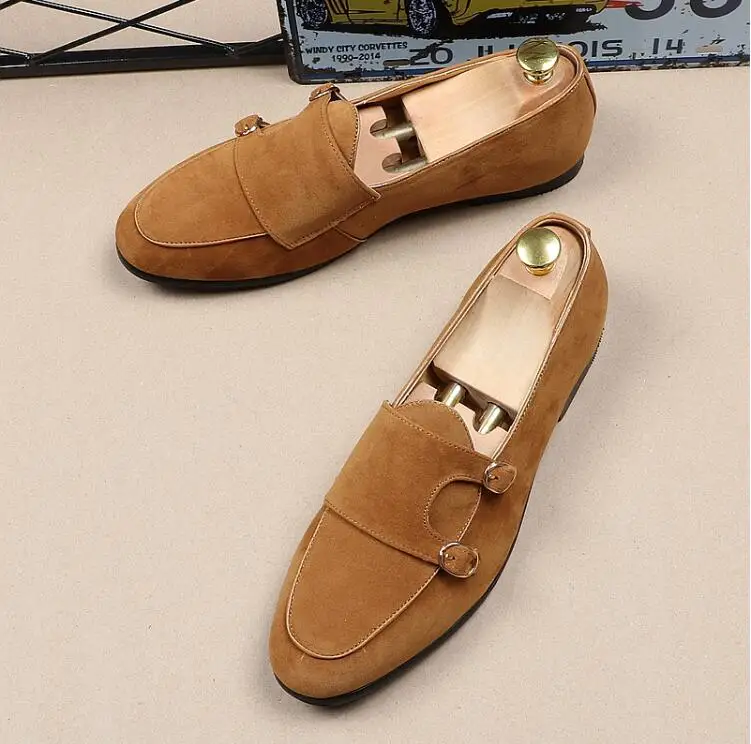 

Summer Flats Loafers Shoes Men Slip On Buckle Suede Shallow Breathable Smart Casual Moccasin Gommino Dress Driving Shoes