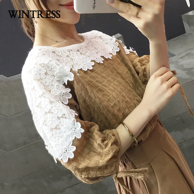 WINTRESS Новое Прибытие Лоскутная Женщины Блузка О-Образным Вырезом Кружева Цветы