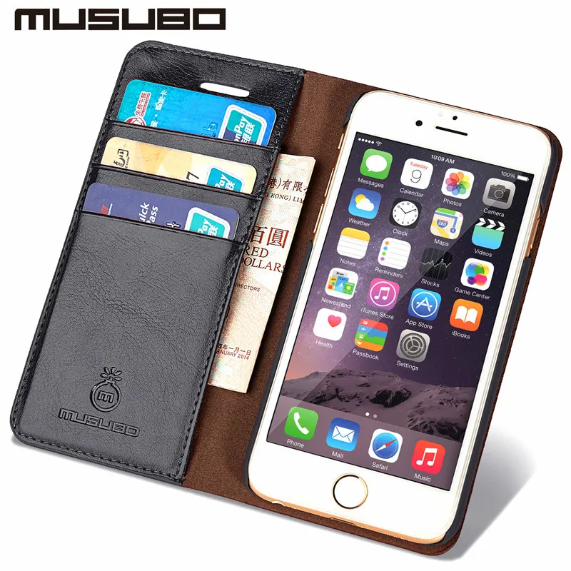 MUSUBO кожа Роскошный чехол для мобильного телефона для iPhone 5S iPhone 5 5S SE чехол на айфон 7 плюс с футляром для карт памяти чехлы на айфон 6 чехол айфон 8 Plus чехол на айфон X iPhone Case Cover Coque Capa - Цвет: Черный
