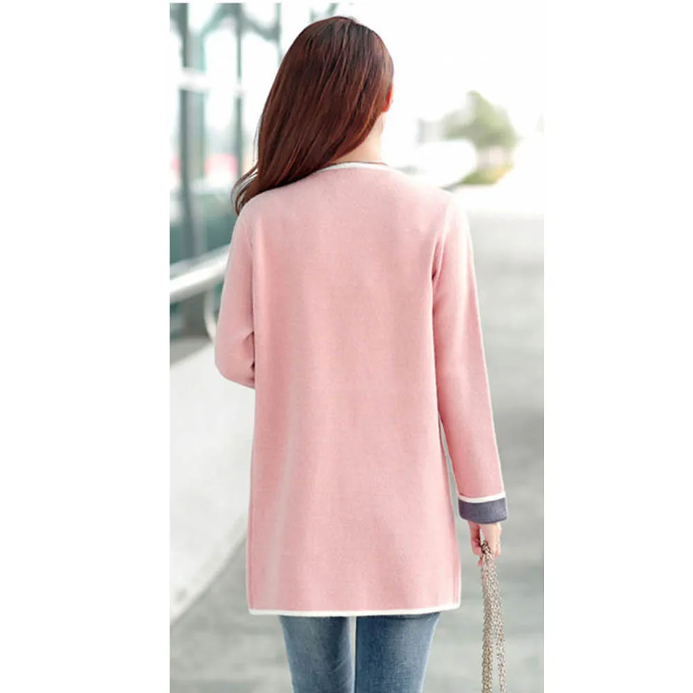 

Fashion Women Long Sweater Autumn Spring Patchwork Full Sleeve Slim Pocket Knitted Cardigan Coat H8
