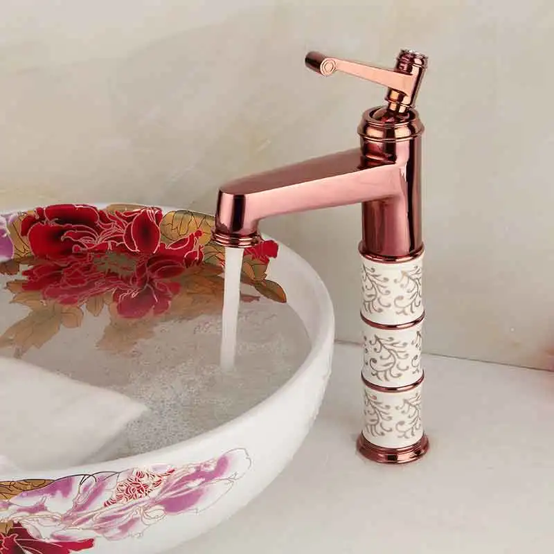 

Luxury Stone Bathroom Faucet European All Copper and Natural Yellow Resin Jade Basin Faucet Hot and Cold Mixer Tap Rose Gold