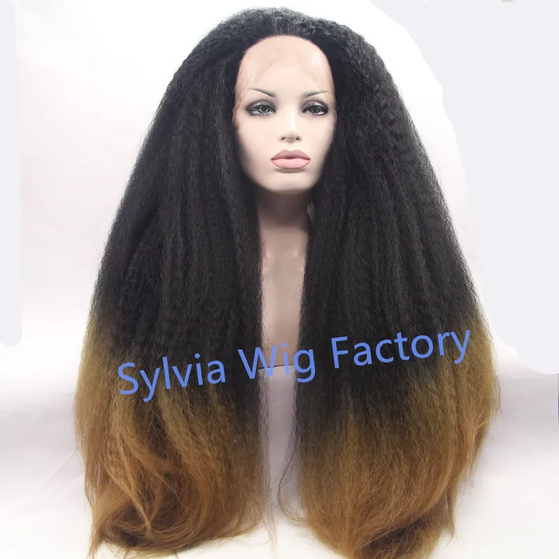 Sylvia черный до коричневый два тона Ombre курчавые прямые синтетические парики на шнурках спереди термостойкие волосы из волокна