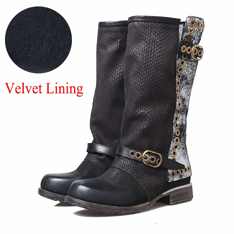 Jady/женские зимние сапоги из натуральной кожи; Vinatge; сапоги для верховой езды; обувь на плоской подошве; резиновые сапоги до середины икры на платформе с заклепками; Botas Militares - Цвет: Black Plush Lining