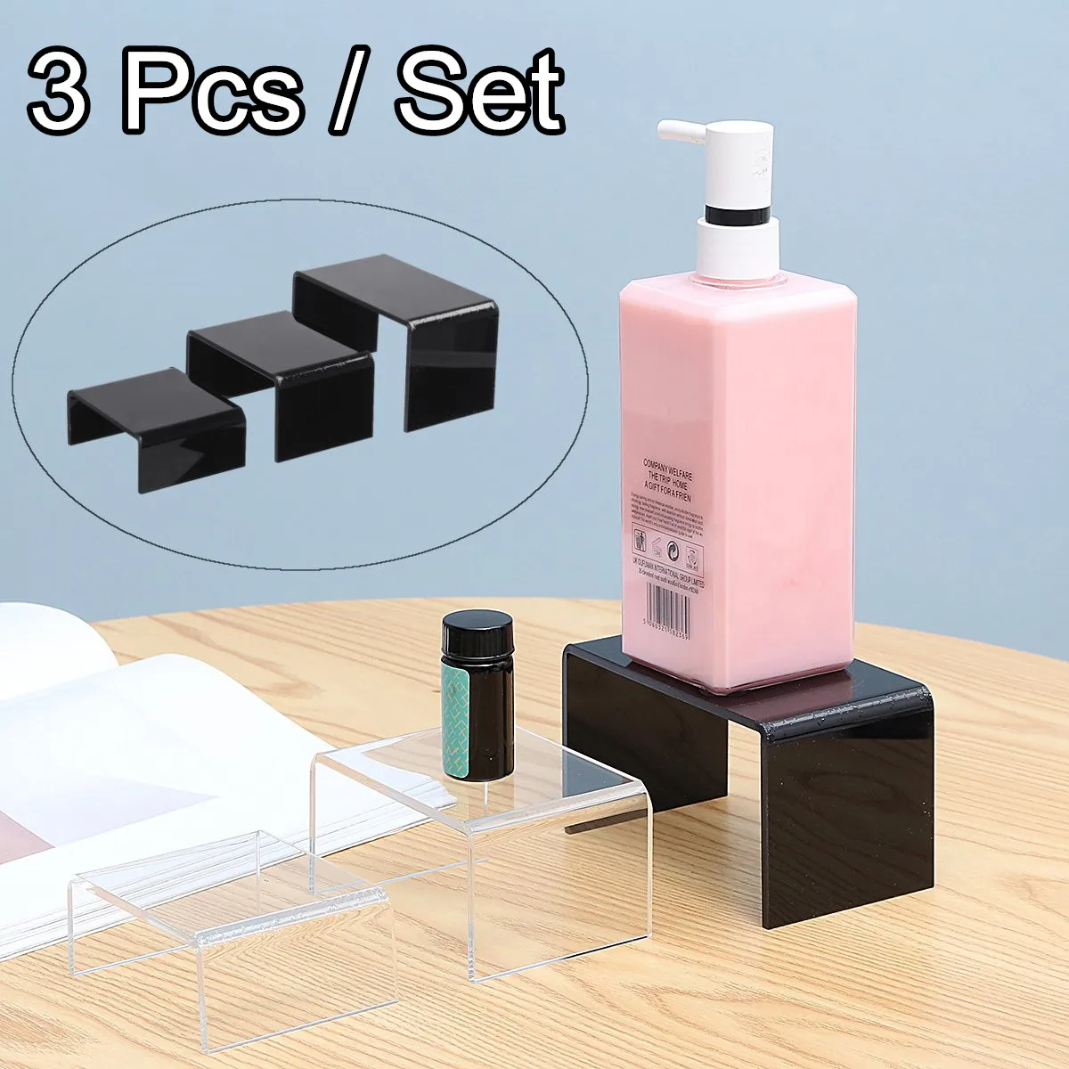 3Pcs Clear Black Acrylic Display Bridges Riser Shelf Plinths Retail Stall Shoe Racks Jewelry Figurines Collection Stand Holder
