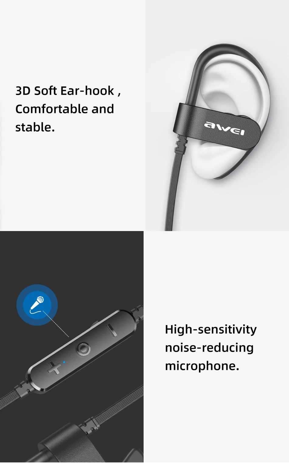 AWEI, водонепроницаемые, IPX4, спортивные наушники, Bluetooth, беспроводные наушники, громкая связь, стерео, hi-fi звук, Заушник, 120 мАч, с микрофоном для телефона