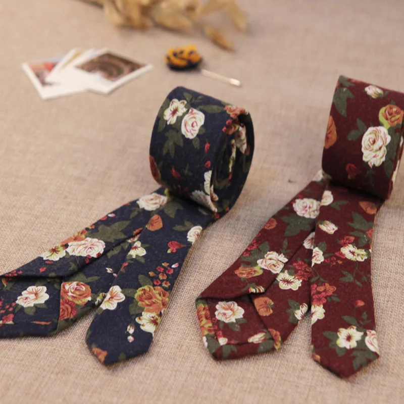 Мужской Хлопковый Ретро Галстук с Изображением Цветка. Узкий Роз Синие Красные