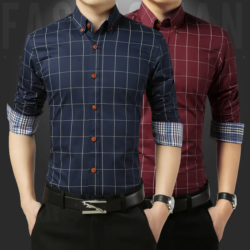 100% Хлопок Плед Camisa Slim Fit Masculina Хаки Королевский Синий плюс Размер Человек Рубашки