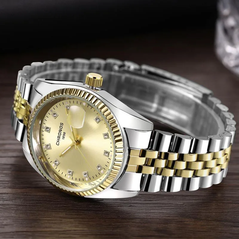 Роскошные золотые часы CHRONOS женские мужские для влюбленных нержавеющая сталь
