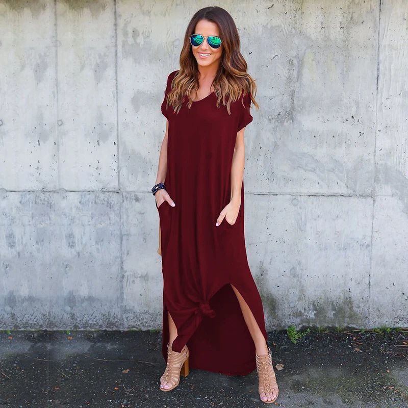 

Women Dresses Fashion Summer Boho Beach Dresses Split Short Sleeve Casual Dress Elegant Maxi Dress Vestido