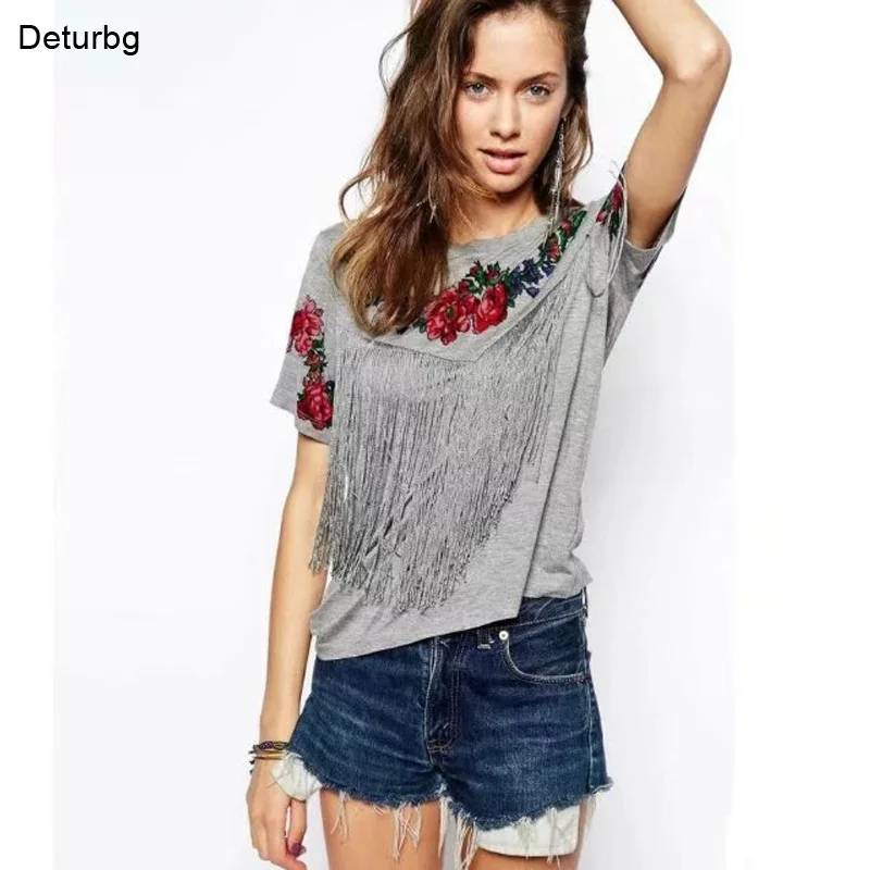 

Clearance Summer Women's Elegant Tassel Floral Printed Shirts Tops Casual Ladies O neck Short Sleeve Gray T-shirt SH03