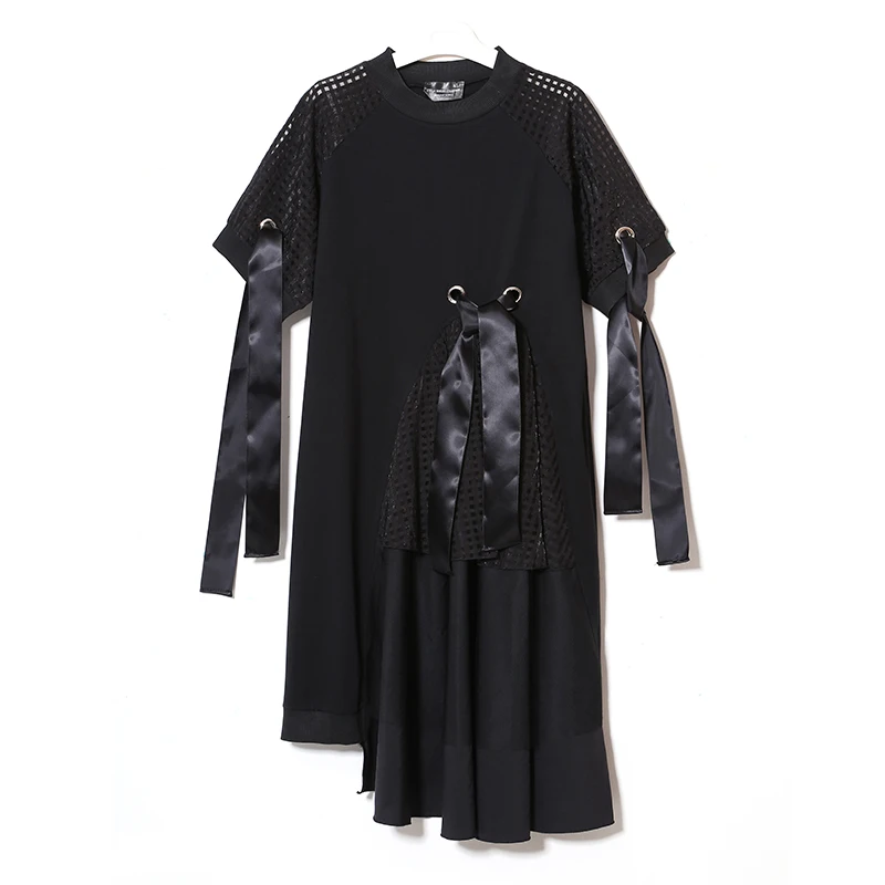 Лето поддельные две пьесы марлевые лоскутное dress женщины тонкая талия кружева
