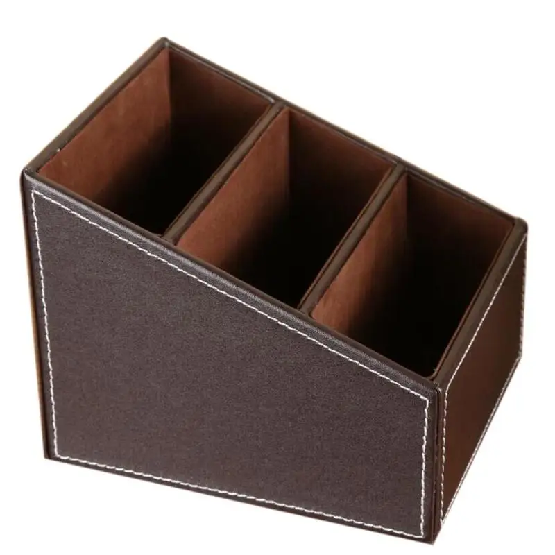Brown 3 ячейки из искусственной кожи канцелярский Органайзер косметика макияж коробка для хранения держатель телефона, пульта дистанционного управления офисный Настольный Домашний Органайзер - Цвет: Brown